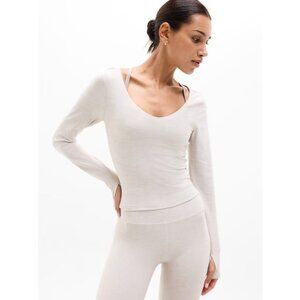 Athleta 2X Softluxe V-Neck Top Cream Heather Plus 2X Long Sleeve